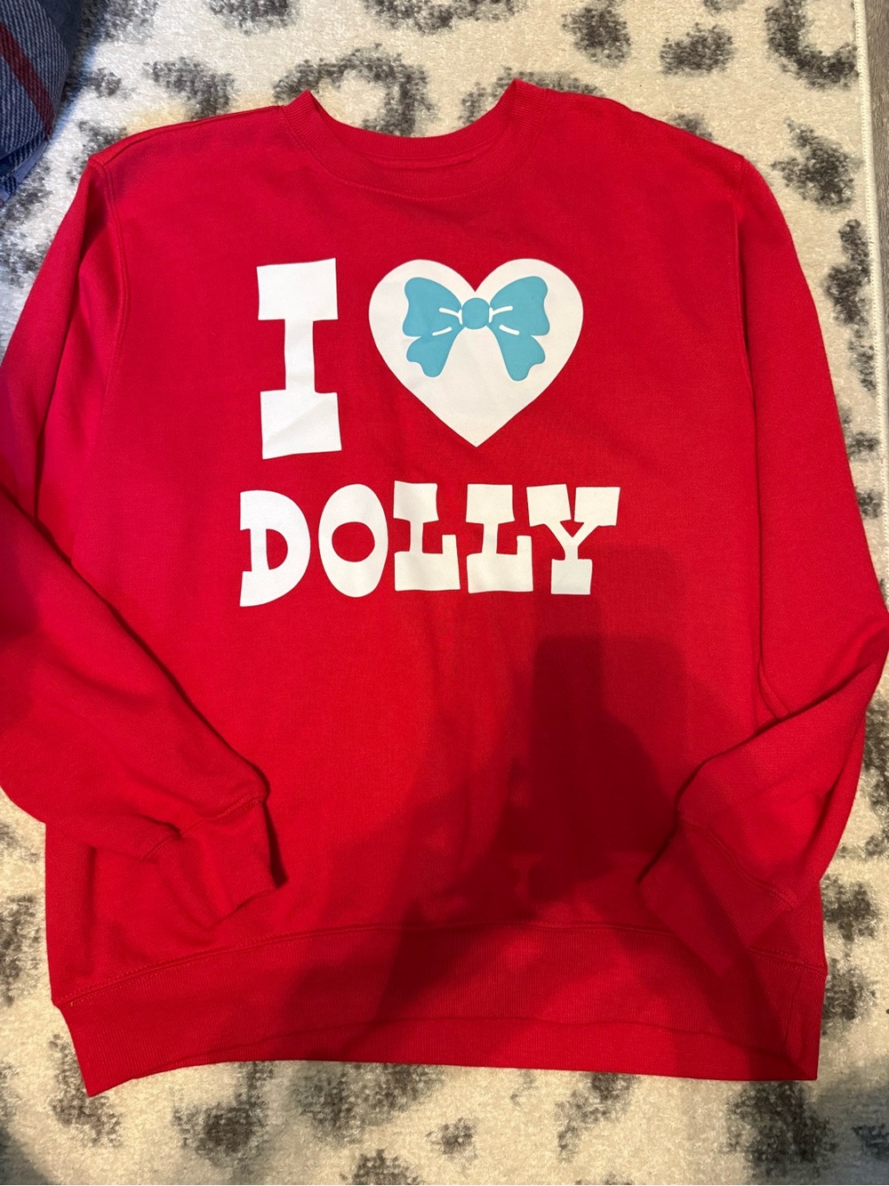 Red "I Love Dolly" Graphic Crewneck Sweatshirt with Blue Accent